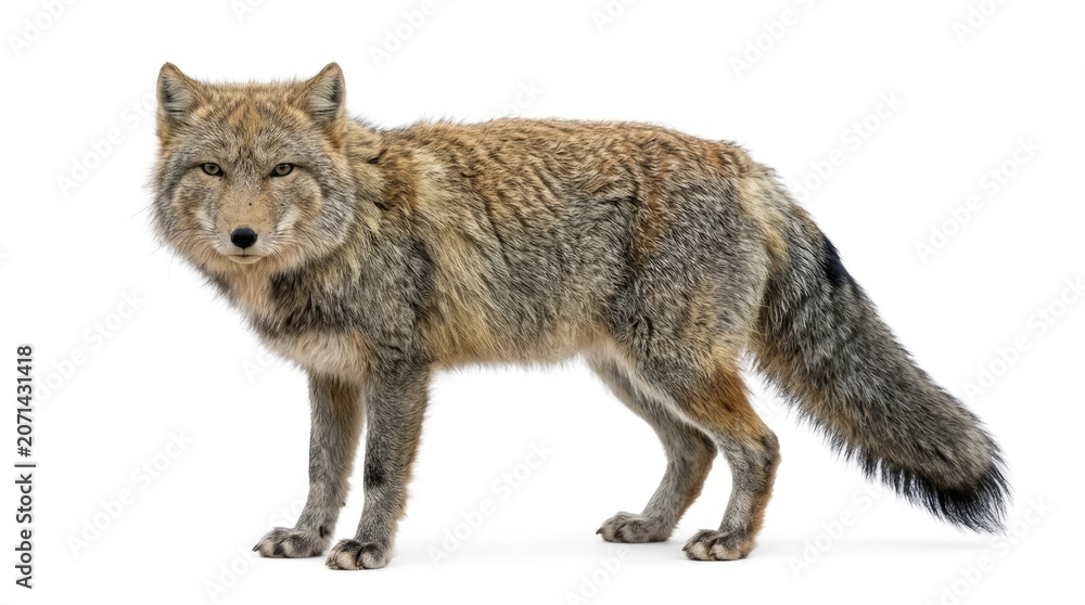 Fototapeta premium A charming fox standing on a white background, its fur a mix of grey and brown tones, with its eyes closed and a gentle smile.
