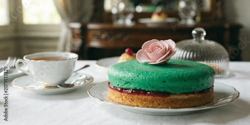 Classic Swedish Princess cake, bright green marzipan dome, pink sugar rose on top, elegant tea time setting.

