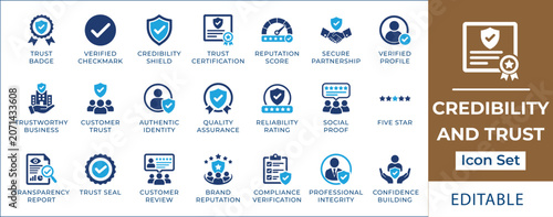 Tableau sur toile Credibility and trust icon set featuring corporate guarantee certificate, customer testimonial rating, business handshake, checkmark badge, and data protection shield symbols