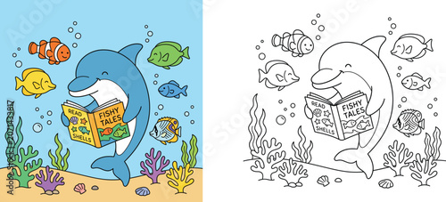 Cute cartoon dolphin reading book underwater with fish and coral reef, coloring page and colored version vector illustration set for kids activity.