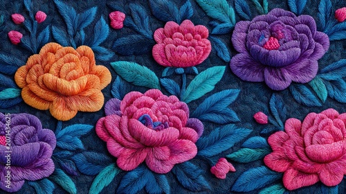 Vivid embroidered flowers bloom in rich color palette