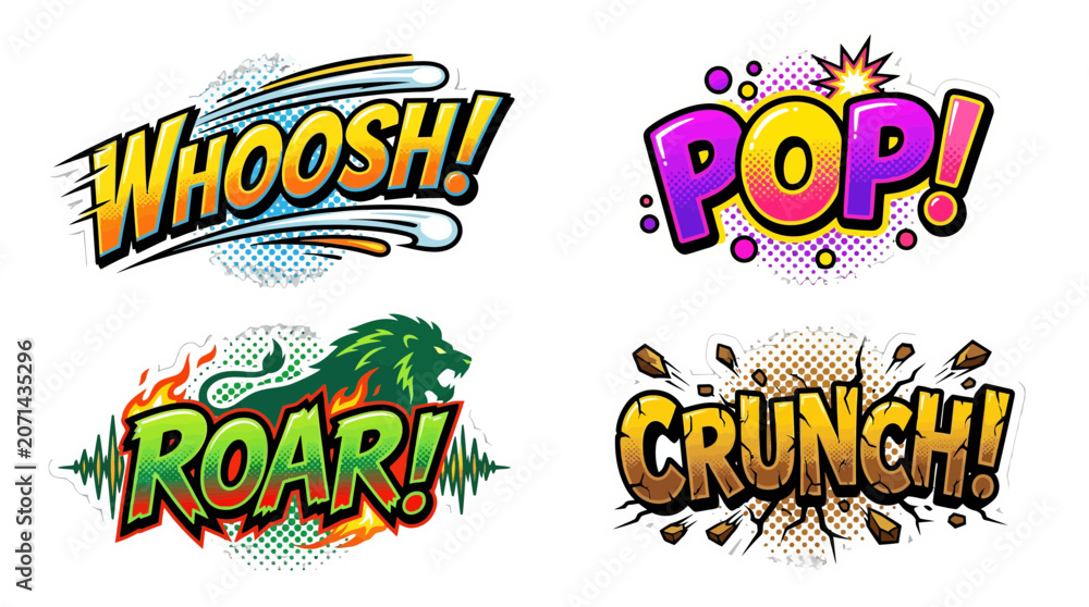 Obraz premium Vibrant comic book sound effect vector graphic collection featuring bold typography and dynamic halftone textures for expressive visual storytelling projects