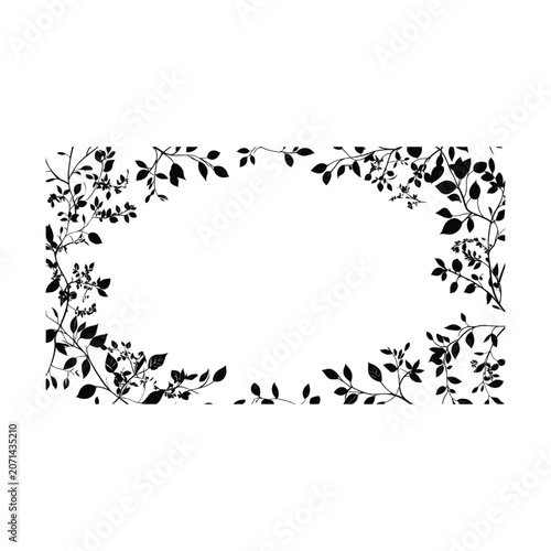 Branches and leaves form an oval frame composed of delicate black silhouettes that provide a natural border for text placement in editorial layouts, invitations, or artistic graphic presentations.