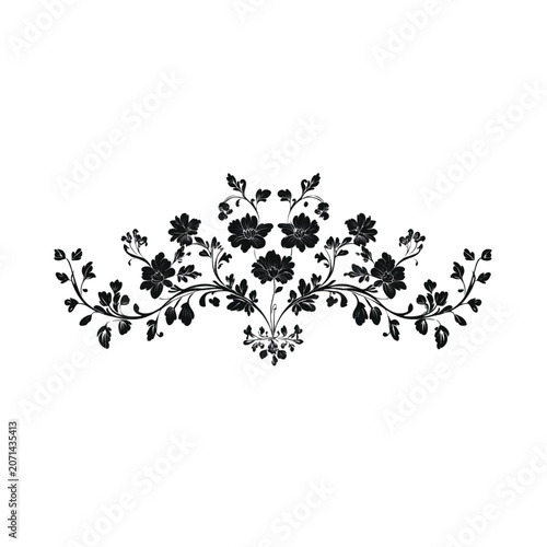 Botanical illustration showcases an intricate central floral cluster surrounded by elaborate leafy vines and ornate swirling branches that create a balanced and professional design composition.
