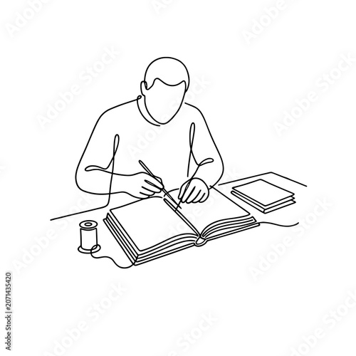 Bookbinder stitching book with needle and thread, continuous line art man binding pages, concept of storytelling, history and structured knowledge