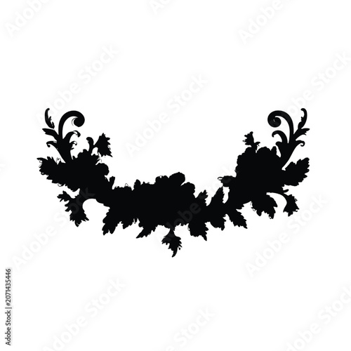 Flower silhouette displays solid black botanical shapes with flowing leaves and stems designed as a bold decorative divider for formal invitations or professional high-end print publications.