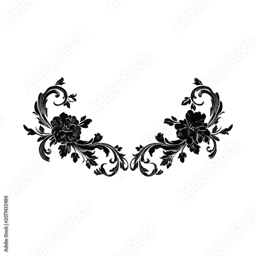 Floral ornament features symmetrical black flourishes and blooming petals arranged in an elegant decorative pattern suitable for sophisticated graphic design projects and classic wedding stationery.
