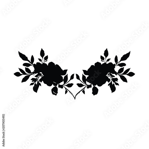 Floral silhouette displays a symmetrical arrangement of delicate blossoms and intricate foliage on a clean white background, providing a versatile design element for invitations or wedding stationery.