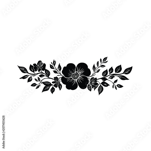 Flower motif showcases a detailed central blossom surrounded by lush foliage arranged in a horizontal line for professional graphic design projects or artistic border applications.