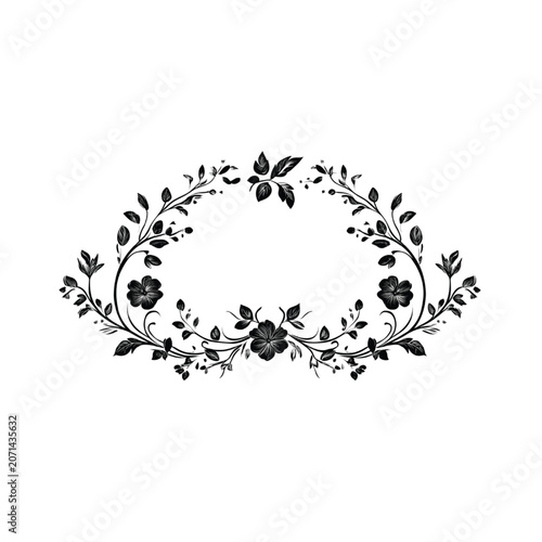 Floral ornament features a symmetrical arrangement of delicate blossoms and swirling leaves designed to serve as an elegant divider for formal stationery or wedding invitations.