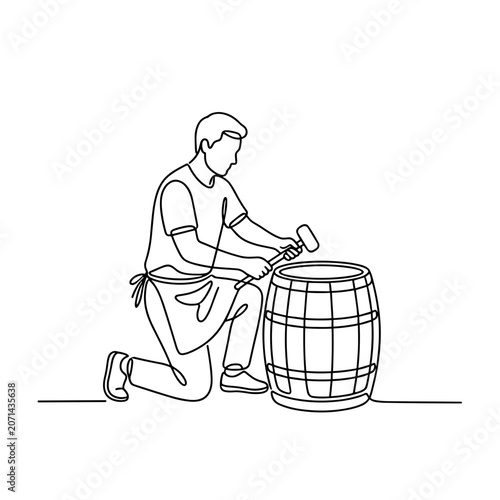 Cooper assembling wooden barrel with hammer, continuous line art man crafting wine cask, concept of long term investment, aging process and maturation