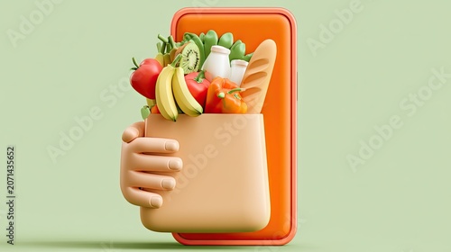 A cartoon hand holds a grocery bag brimming with fresh produce emerging from a phone