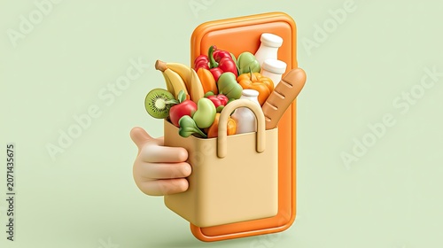 A cartoon hand holds a grocery bag overflowing with fresh produce & bread