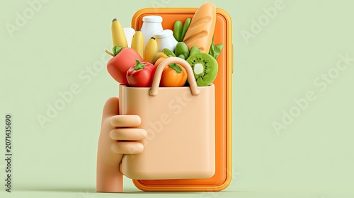 Stylized hand holding grocery bag overflowing with food, in front of smartphone