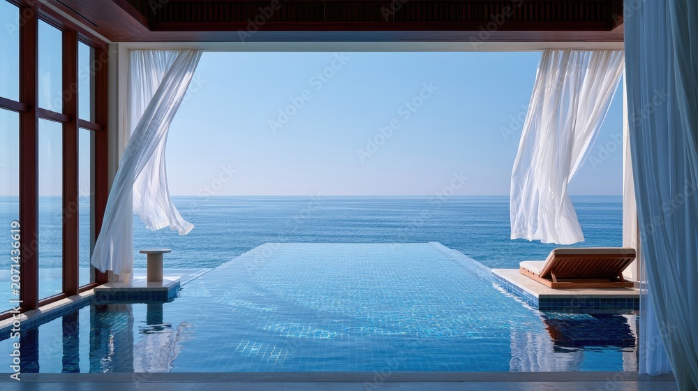 Obraz premium Infinity pool merges with ocean view through sheer curtains