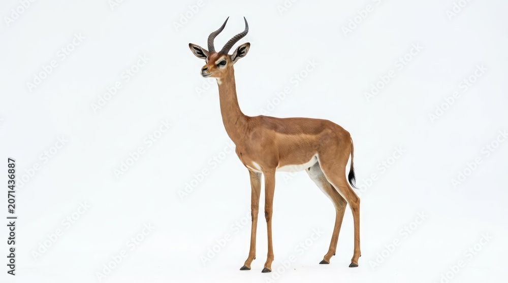 Obraz premium A graceful gazelle standing tall with striking horns against a clean white background. Its slender build and alert posture suggest a creature of the wild