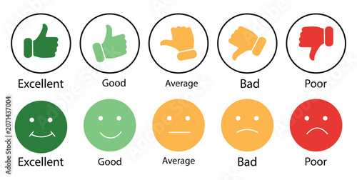 Konstfotografi Customer satisfaction rating scale with thumbs and emoticons including excellent good average bad poor levels for business feedback surveys user experience and review metrics