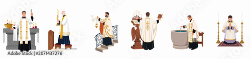 Tableau sur toile Vector illustration set of Catholic priests performing various liturgical ceremonies including baptism, prayer, and incense blessing in a church setting