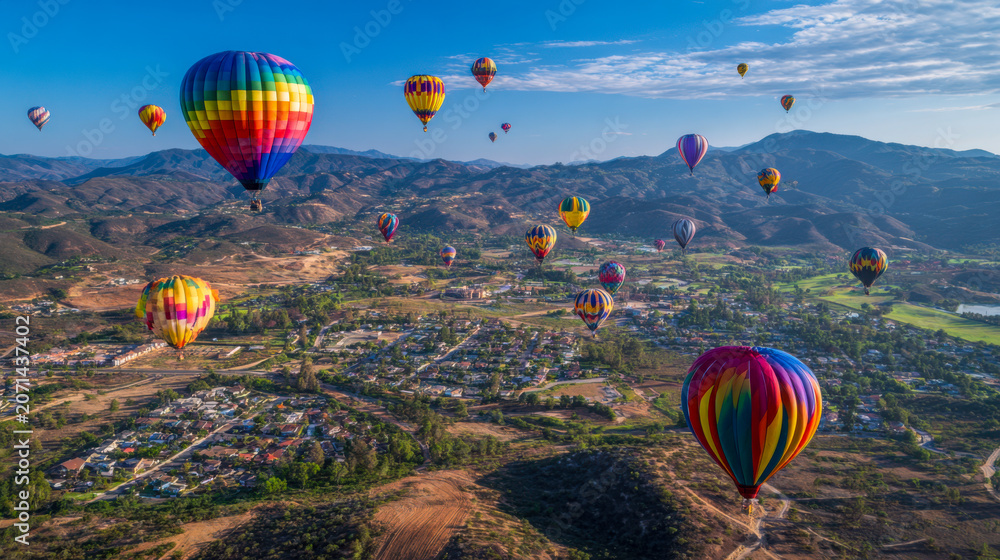 Fototapeta premium Hot air balloons flying over a rural valley landscape