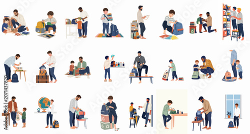 Fotografía A comprehensive collection of illustrations showing fathers and children preparing for the new school year, packing backpacks, and organizing supplies with a focus on sustainability