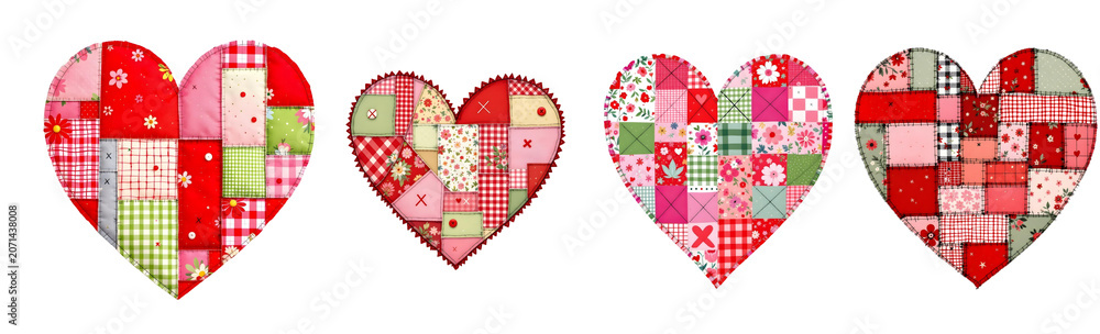 Obraz premium A heart-shaped quilt made of various red, pink, and green fabric patches with floral and gingham patterns on transparent background