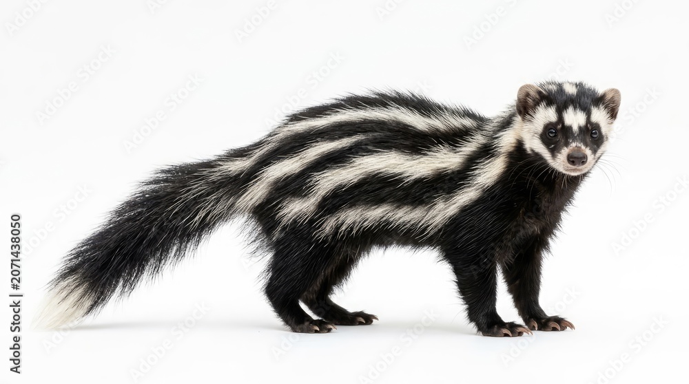 Naklejka premium A striking skunk with black and white striped fur, including a bushy tail with white accents, standing alert