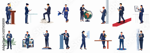 Fotografie Set of professional business characters in elegant suits using tablets and digital screens in various formal settings like offices and international events