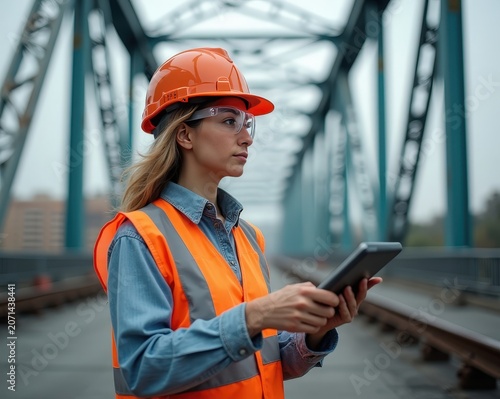Woman in safety gear checks data on tablet while standing on a bridge under construction in a city