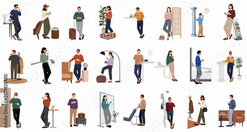 Large Collection of Flat Style Illustrations Featuring Diverse People Drinking Coffee and Traveling in Modern Settings