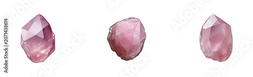 A close-up, high-angle shot showcases a large, faceted, rose-pink crystal against a stark transparent background