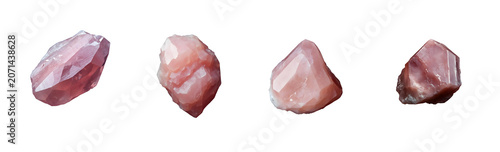 A close-up, high-angle shot showcases a large, faceted, rose-pink crystal against a stark transparent background