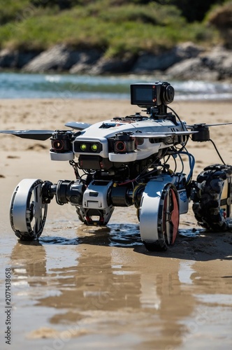 Robotic vehicle explores the sandy beach near the water on a sunny day with rocks in the background