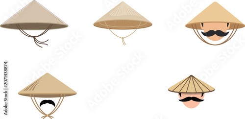 Canvas Print Asian conical hat vector set featuring traditional bamboo non la headwear icons