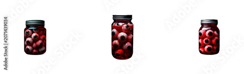 A glass jar filled with red liquid and eyeballs is centered against a transparent background