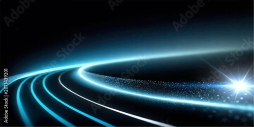 Bild auf Leinwand Abstract blue light trails curve across a dark background, evoking a sense of speed, technology, and futuristic motion