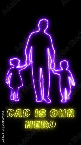 A father and two children standing together in a neon-lit silhouette, and with text 