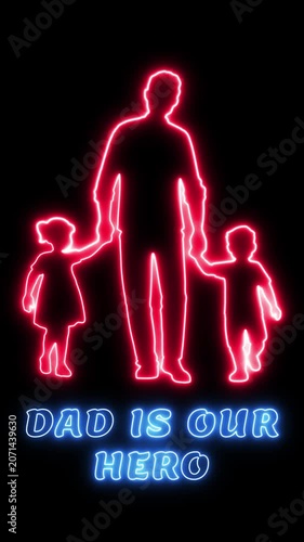 A neon sign of a man and two children forming a family unit, and with text 