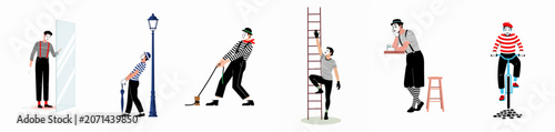 Foto Set of mime artist characters performing various pantomime acts like climbing a ladder, riding a bike, and sweeping, in a flat vector style