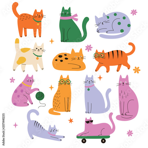 Cute Hand Drawn Cat Character Collection with Playful Pet Illustrations