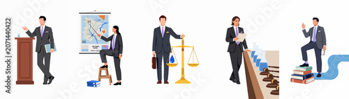 Collection of illustrations depicting legal professionals managing water rights, environmental law, and river conservation through advocacy and judicial proceedings.