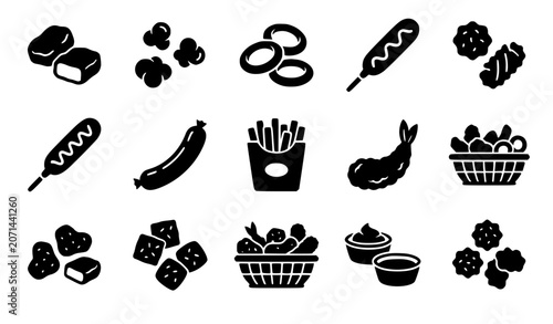 Foto Fast food snacks and deep fried appetizers icon set including french fries, chicken nuggets, onion rings, corn dogs, fried shrimp, sausages, and dipping sauces symbols
