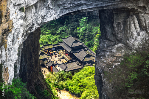 viewpoint of Wulong Karst Three Natural Bridges Located in Chongqing, China, it is a 5A-level natural World Heritage Site, notable for its karst landscape, including massive sinkholes 300-500 meters d