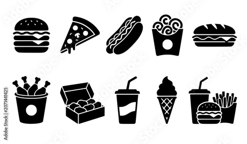 Foto Fast food snacks and restaurant menu icon set featuring beef burgers, pepperoni pizza slices, hot dogs, fried chicken buckets, onion rings, and takeaway soda drinks