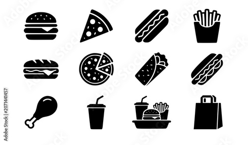 Foto Fast food restaurant menu icon set featuring beef burgers, pepperoni pizza slices, hot dogs, french fries, sub sandwiches, burritos, fried chicken drumsticks, and takeaway bags