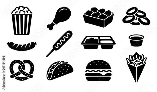 Quadro su tela Movie theater snacks and fast food restaurant menu icon set featuring popcorn, fried chicken, onion rings, pretzels, tacos, burgers, corn dogs, and french fries