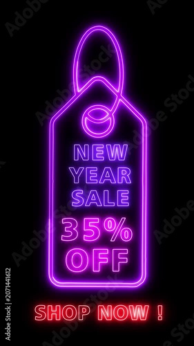 Neon sign with purple tag reads New Year Sale 35% off on black background