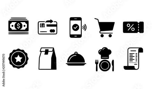 Cuadro en lienzo Online restaurant food ordering and commercial grocery shopping solid glyph icon