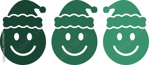Foto Festive Christmas Elf Emojis, a trio of green smiling faces wearing Santa hats