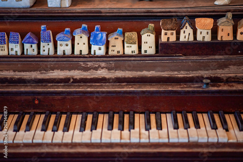 grand piano keys.An old brown wooden piano.