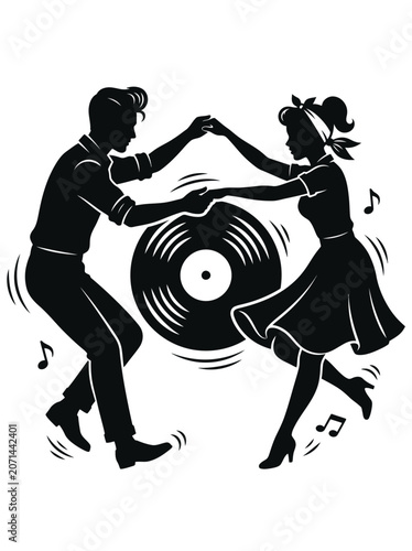 Retro 1950s Style Silhouette of a Couple Dancing Rock and Roll Around a Large Vinyl Record